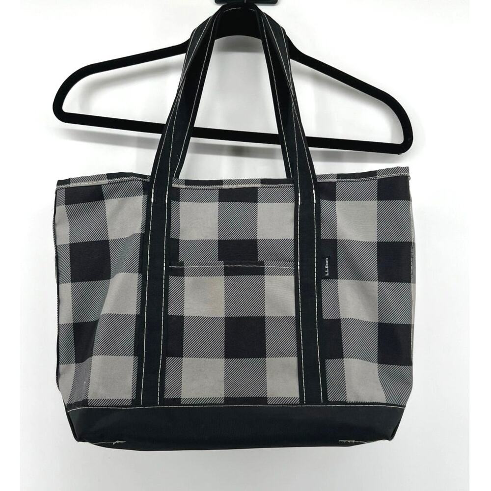 L.L.Bean Tote Bag Medium Black Gray Plaid Lightweight Zipper Closure